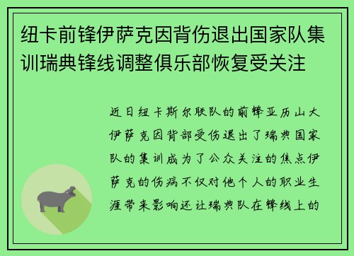 纽卡前锋伊萨克因背伤退出国家队集训瑞典锋线调整俱乐部恢复受关注 纽卡前锋伊萨克因背伤退出国家队集训瑞典锋线调整俱乐部恢复受关注